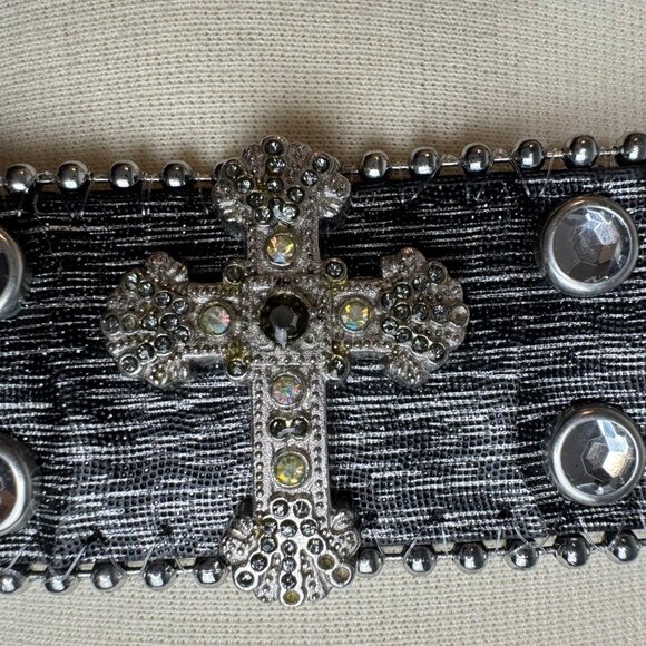 VTG Black Leather Belt Rhinestone Buckle and Crosses Witchy Goth Vampire Diaries - Picture 7 of 11